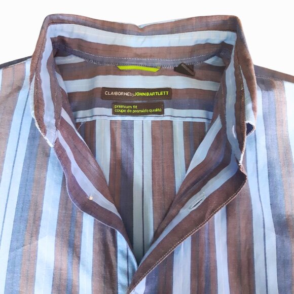 Claiborne by John Bartlett SZ M Blue Stiped Long Sleeve Men's Cotton Shirt - Picture 5 of 14